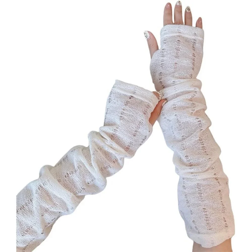 Women's Loose White Vintage Cosplay Party Sequins Hook Fingerless Long Gloves
